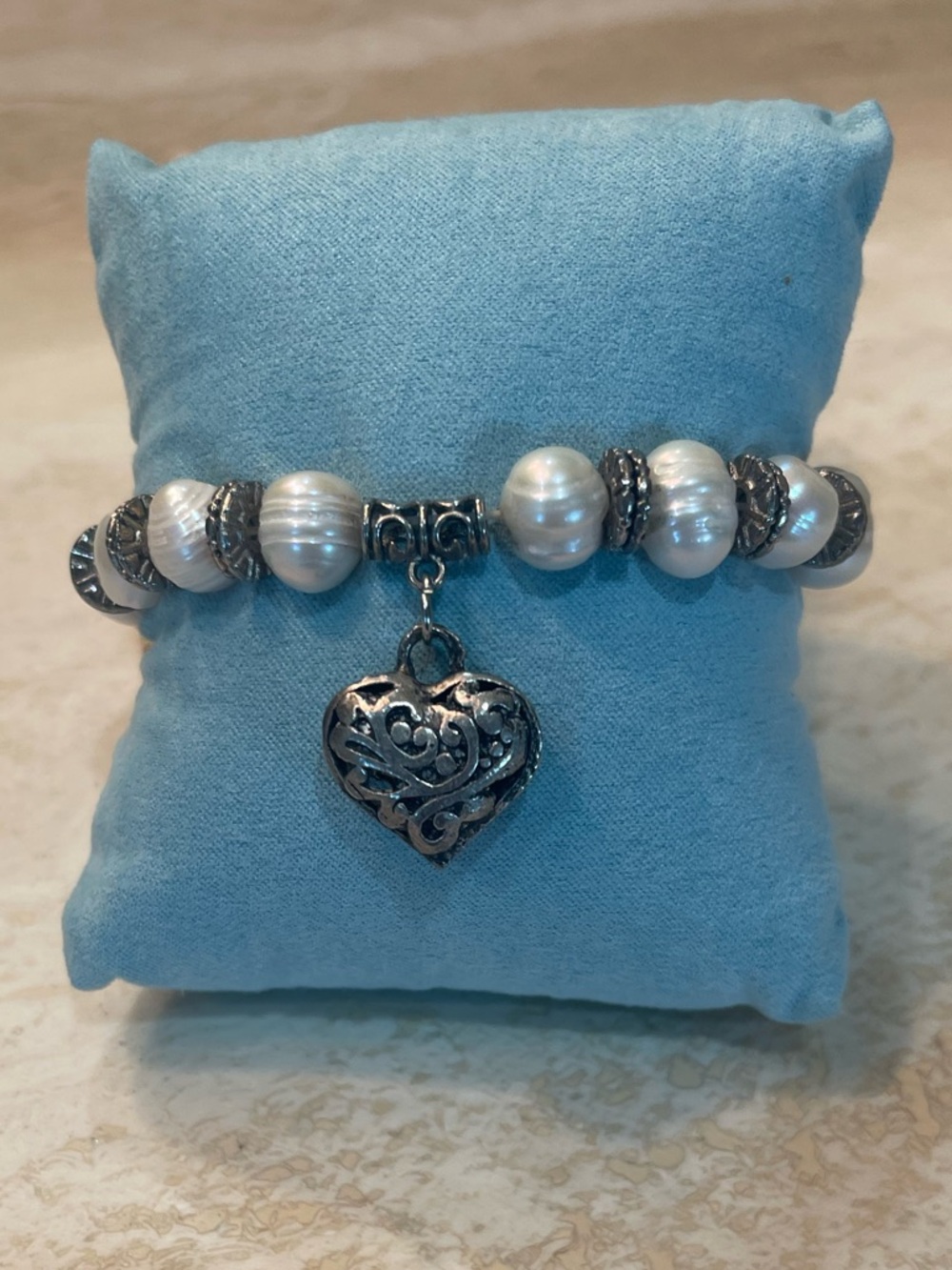 Stauer Pearl of a Girl Cultured Freshwater Pearl Heart Charm Stretch Bracelet